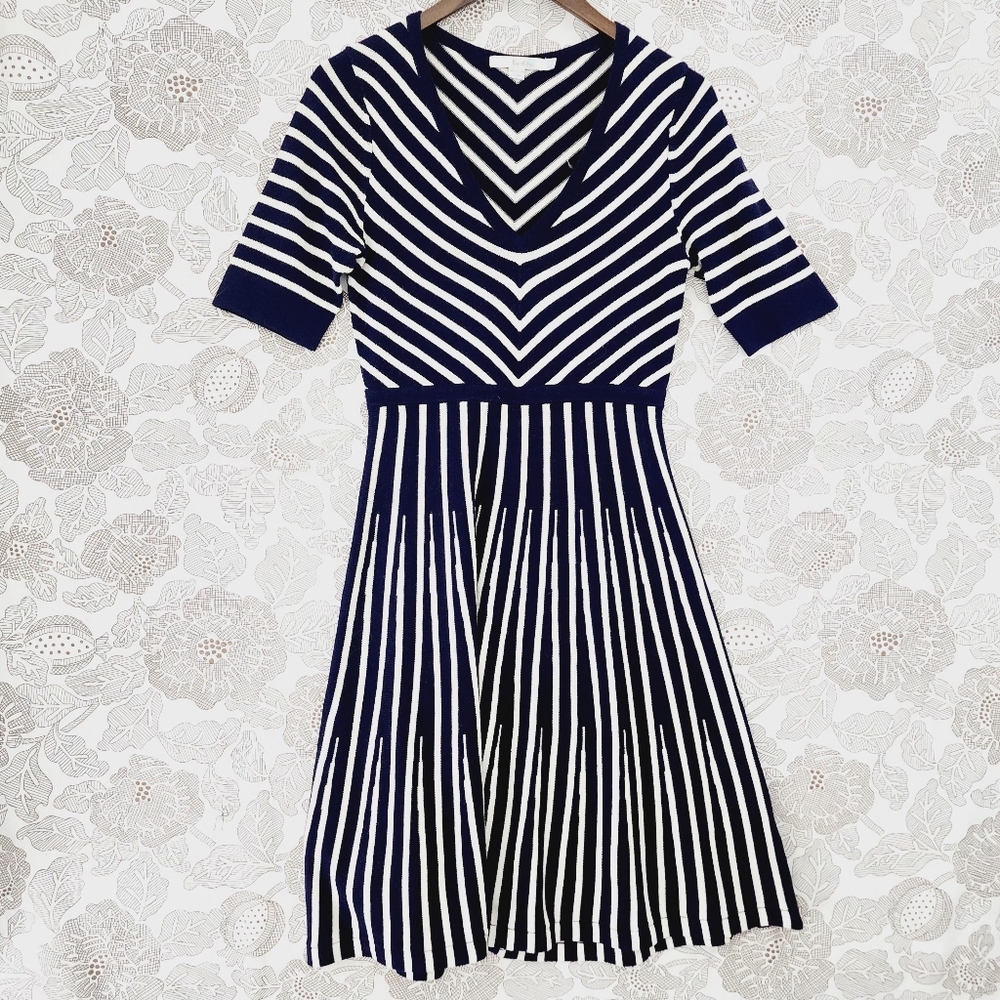 Boden Midi Sweater Dress Wool Blend Fit & Flare Striped Women's 6 V neck